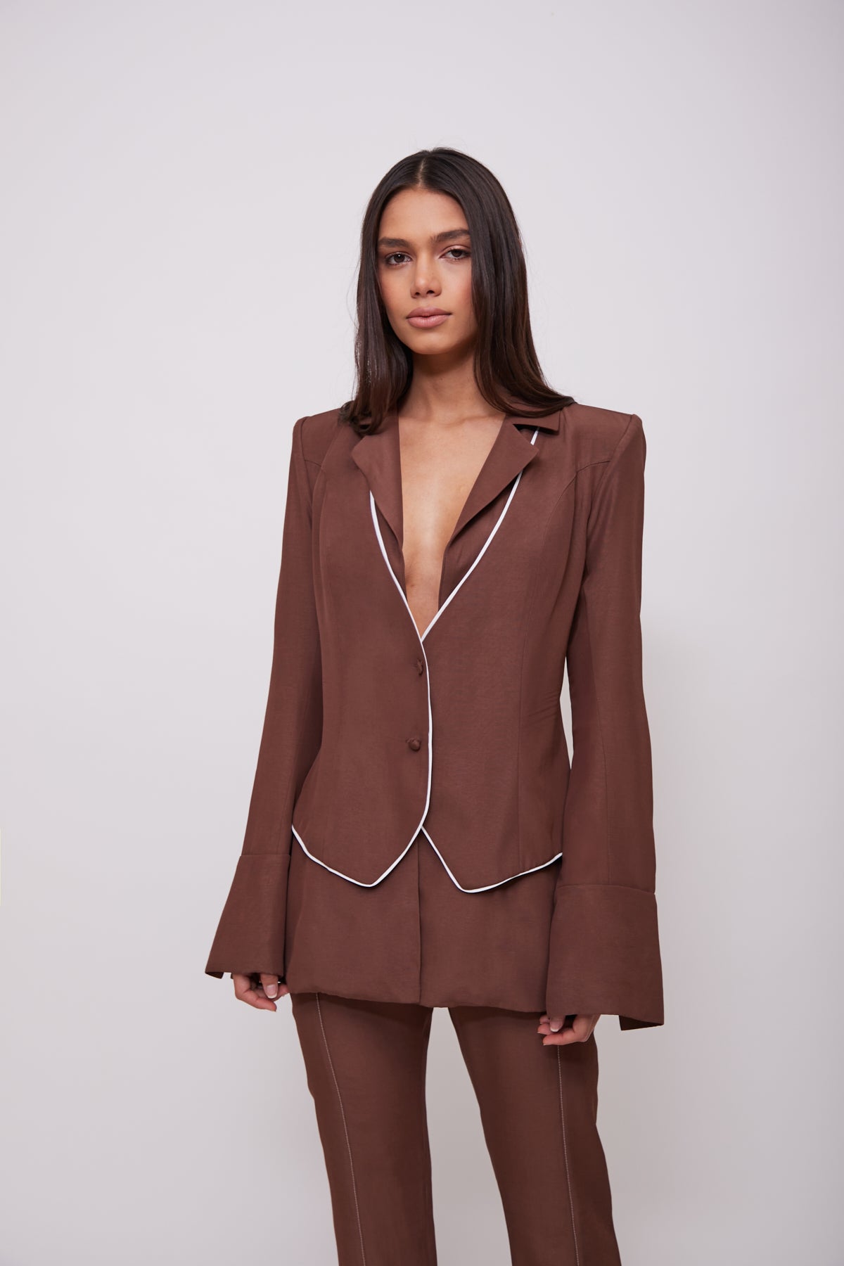 Fitted Brown Blazer With Vest